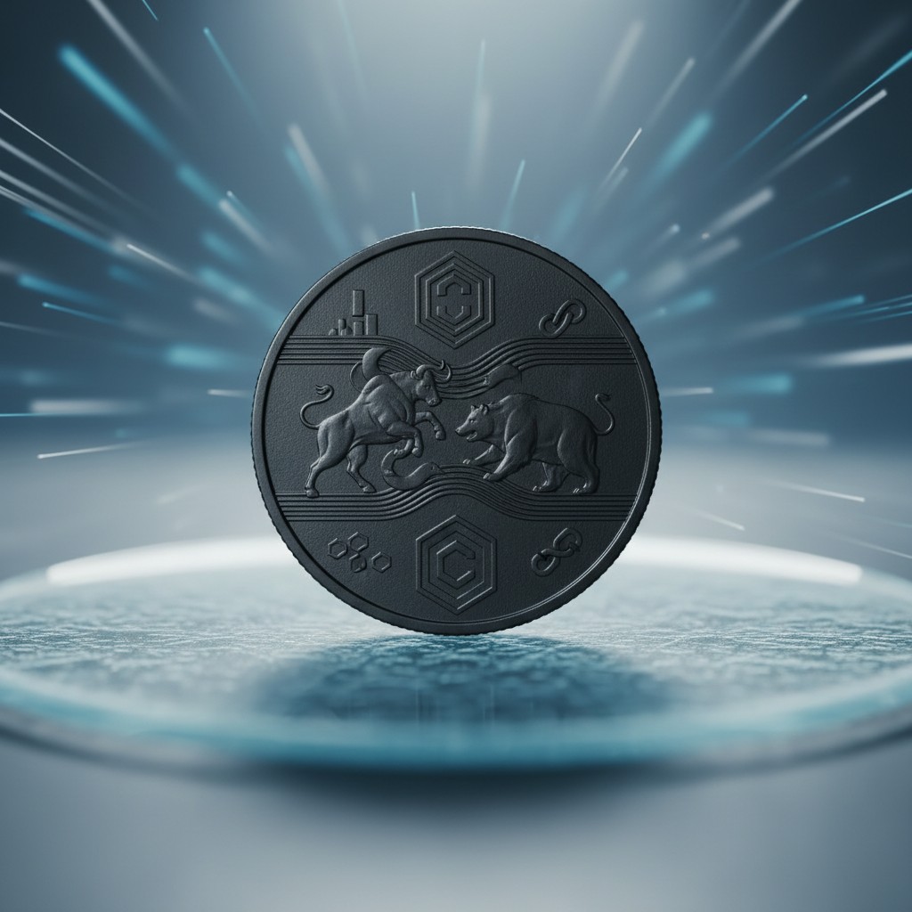 The symbol on the coin shows an image of two fighting bulls separated by stylized waves. An infinity symbol, 3 stacked hex...