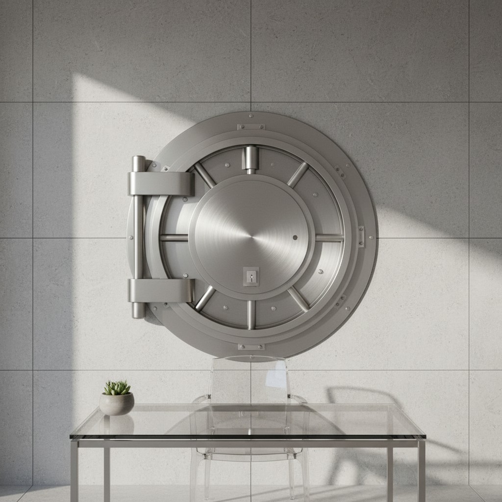 A rounded metal door resembling a traditional bank vault door is prominently displayed against a wall, accompanied by a sm...